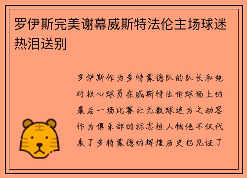 罗伊斯完美谢幕威斯特法伦主场球迷热泪送别 罗伊斯完美谢幕威斯特法伦主场球迷热泪送别